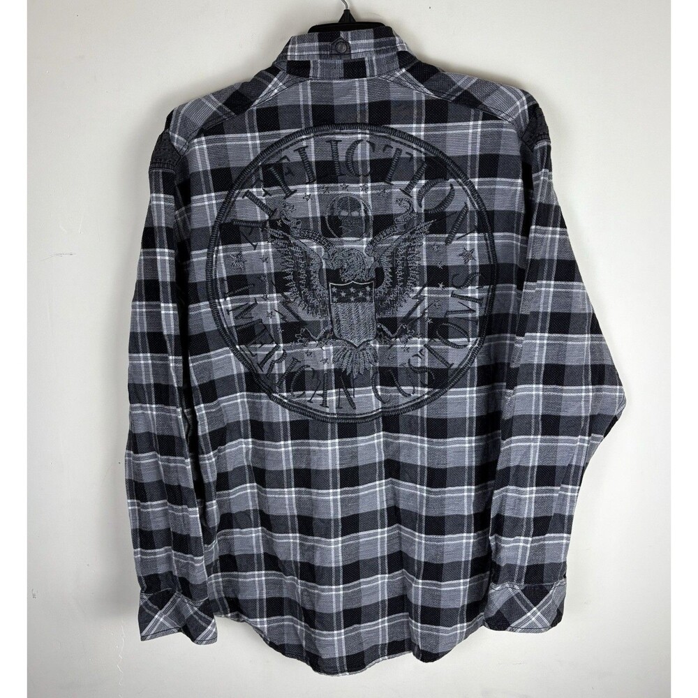 Men’s Affliction Big Graphic Flannel Shirt / Grey / Black / Size 3XL